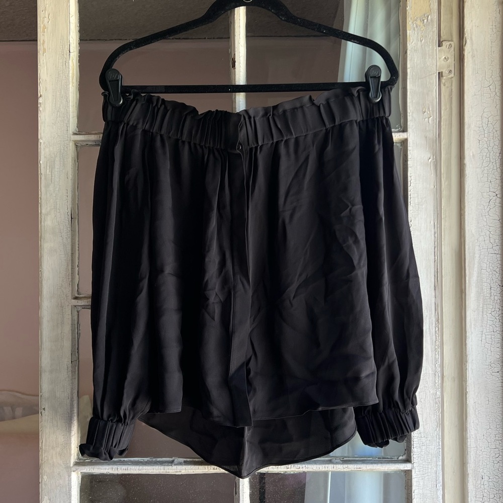 Unique Fashion Black Silk Off The Shoulder Button Down Top